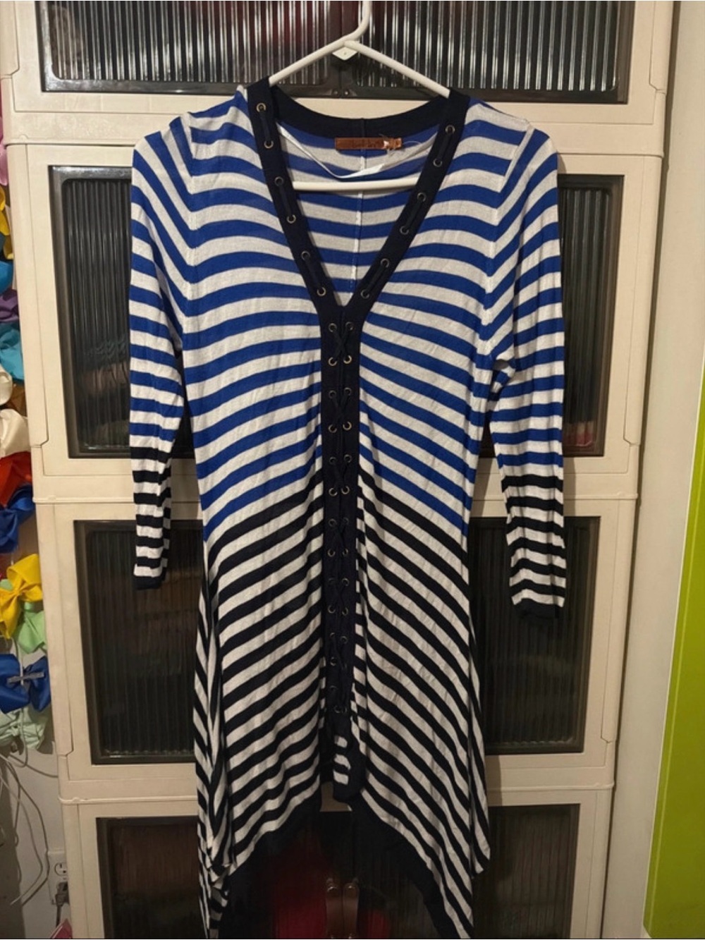 Belldini Blue White Black Striped Lace-Up High-Low Tunic
